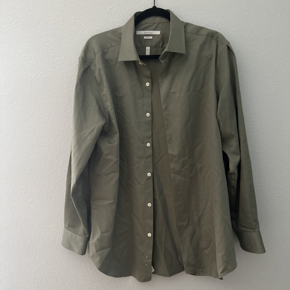 Perry Ellis Portfolio Men's 16.5 32/33 Slim Fit Green Long Sleeve Dress Shirt